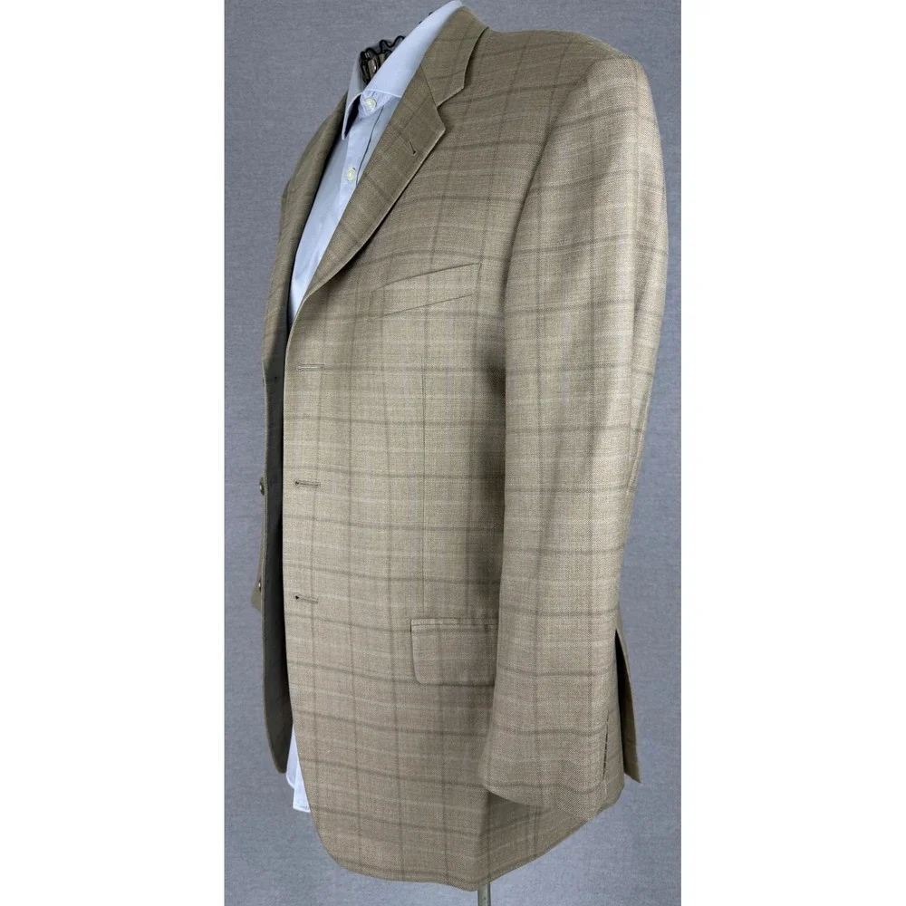 Joseph Abboud Nordstrom Mens 41R Blazer Tan Brown Windowpane Wool Silk Sport